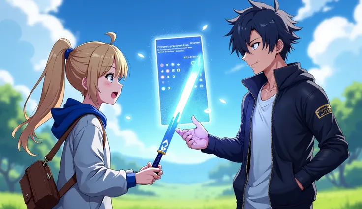 Anime-style illustration with vibrant colors and a dynamic game atmosphere. In the foreground, two characters are featured:

Left — a 25-year-old young woman with long blonde hair tied in a side ponytail, wearing a light sweatshirt with a blue hood and a b...