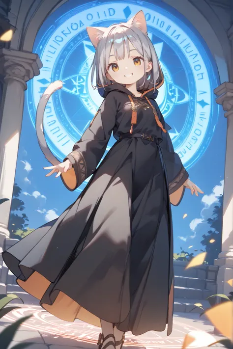 High Definition、High Quality、8k、4k、girl、Babyface、Cat ears、cat tail、、1 girl、、Juvenile body、Babyface、big boobs、Cat ears、cat tail、behind the magic circle、Black Robe、Long dress、wear a hood、Jin and the Royal Family、Jojo pose、 Silver Hair、Golden Eye、Fearless Sm...