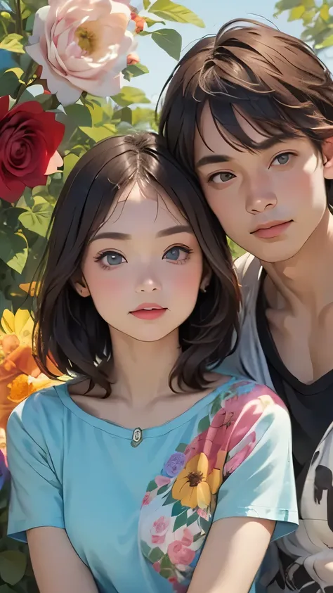 396 ((young woman and young man)),(short hair),(Neat hair),(Ultra High Definition),(Floral T-shirt),(Leonardo da Vinci style paintings)
