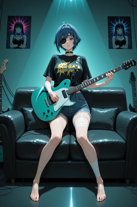 A girl intensely playing an electric guitar with heavy metal-inspired decorations, lounging on a black leather sofa in a live studio backstage room. She has medium blue hair with lime green mesh highlights, styled in a messy cut. She's wearing a graphic pr...