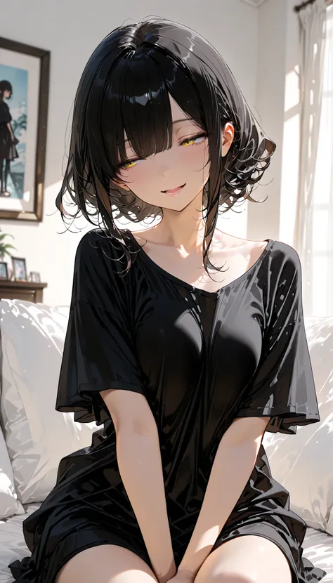 top quality, masterpiece, ultra-precise, top quality, masterpiece:1.3, (A beautiful, mature women with a perfect body, slender), yellow eyes, curly bob hair(black), bangs, black t-shirts, living room, sit on sofa, open mouth, smile, half-closed eyes, look...