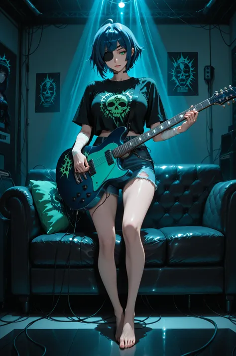 A girl intensely playing an electric guitar with heavy metal-inspired decorations, lounging on a black leather sofa in a live studio backstage room. She has medium blue hair with lime green mesh highlights, styled in a messy cut. She's wearing a graphic pr...