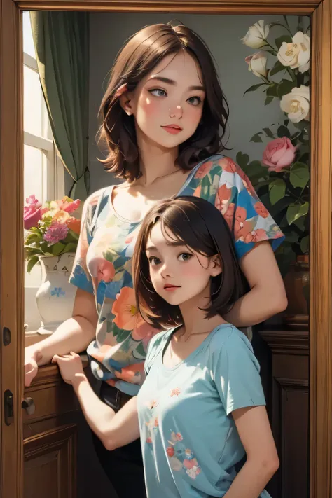 396 ((young woman and young man)),(short hair),(Neat hair),(Ultra High Definition),(Floral T-shirt),(Leonardo da Vinci style paintings)