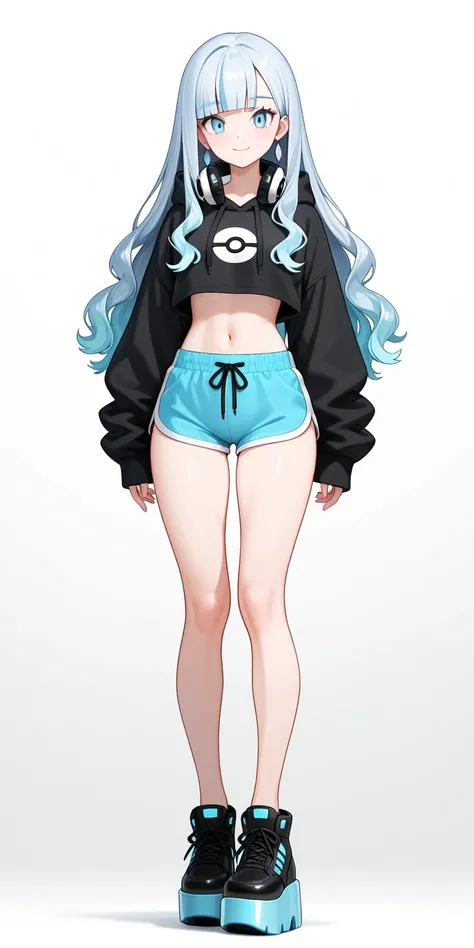 masterpiece,best quality,amazing quality,(pokemon_style),(ultra details),(anatomically correct),solo,1girl,beautiful girl,full body front,slim body,very long legs,beautiful legs,slender legs,uncovered legs,beautiful skin,beautiful eyes,beautiful face,no socks,no stockings,silver earrings,wavy hair,gradient hair,silver blue hair,light blue hair,straight hair,blunt bangs,light blue eyes,headphones around your neck,black hoodie,cropped hoodie,hood down,midriff,dolphin shorts,(black footwear with thick soles,chunky platform sneakers,black laces),looking at viewer,standing straight,closed mouth,smiling,simple white background