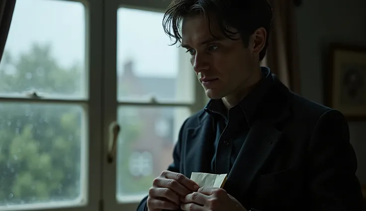 Cillian Murphy gently folding a small note and tucking it into the inside pocket of his coat, soft light through a rainy window in background, cinematic close-up
