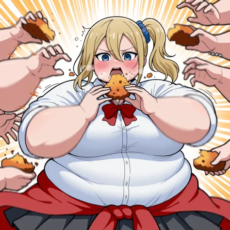 solo,
Hayasaka ai,1girl,blonde hair,side ponytail,blue eyes,
large breasts,white shirt,red bow,sleeves rolled up,sweater around waist,pleated_skirt,BREAK, tones of food,
rush with food,food rush,multiple hands with food, multiple food,,hands with food,(mot...