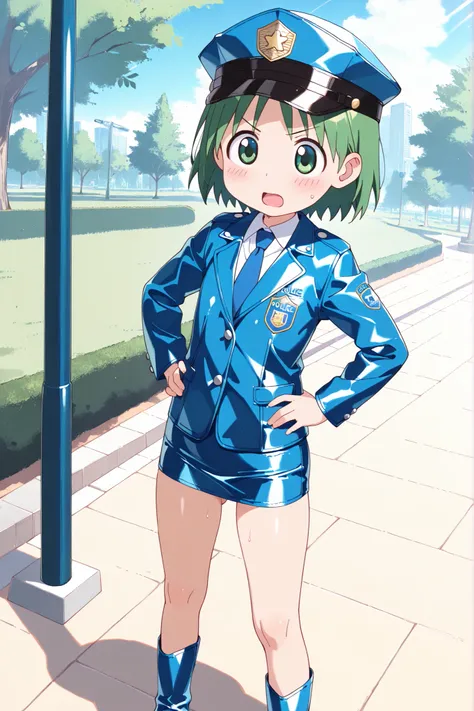 (((anime style))),nsfw,score_9, score_8_up, score_7_up,masterpiece, best quality,ultra detail,1girl,((solo)),yasuna oribe,koiwai yotsuba,hair down , short hair , green hair,(green eyes),(round eyes),((park lawn)),((blue Police Uniform)),(police hat),(((blu...