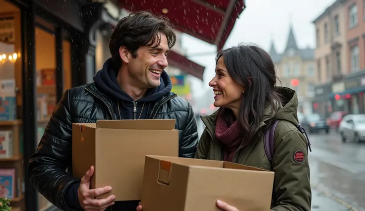 Cillian Murphy and the woman laughing under the bookstore awning during a light drizzle, natural unposed moment, both holding slightly wet cardboard boxes, joy and spontaneity captured