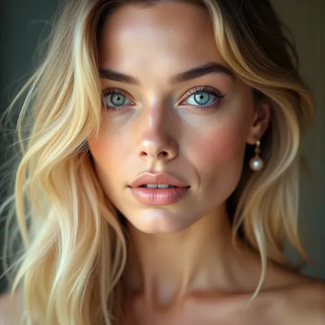 A young woman with long, voluminous wavy blonde hair, expressive light blue eyes with a captivating gaze and defined cheekbones, full pink lips slightly parted. Photorealistic, extremely high detail, perfect skin texture with visible pores and soft gradien...
