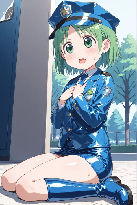 (((anime style))),nsfw,score_9, score_8_up, score_7_up,masterpiece, best quality,ultra detail,1girl,((solo)),yasuna oribe,koiwai yotsuba,hair down , short hair , green hair,(green eyes),(round eyes),((back shot)),((park lawn)),((blue Police Uniform)),(poli...