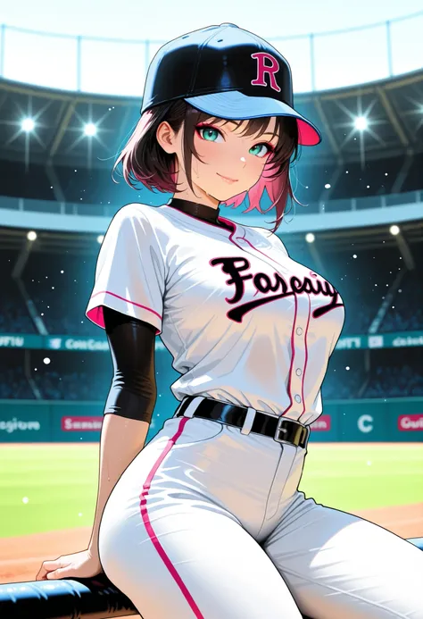 Baseball girl, Stadium, sweat, cap, baseball uniform sitting on a stand, constricted waist,  Girl with a thigh, sight, Cowboy Shot, dynamic pose, Sit on the stand, cute, sexually suggestive,  soft lighting, detailed texture, High Res Photos, High Quality, ...