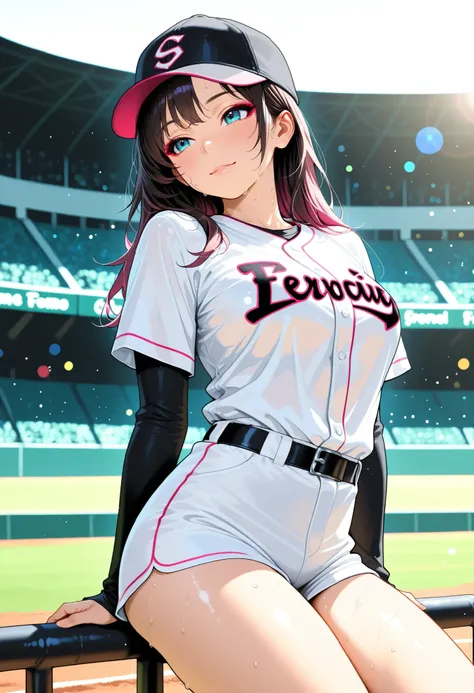 Baseball girl, Stadium, sweat, cap, baseball uniform sitting on a stand, constricted waist,  Girl with a thigh, sight, Cowboy Shot, dynamic pose, Sit on the stand, cute, sexually suggestive,  soft lighting, detailed texture, High Res Photos, High Quality, ...