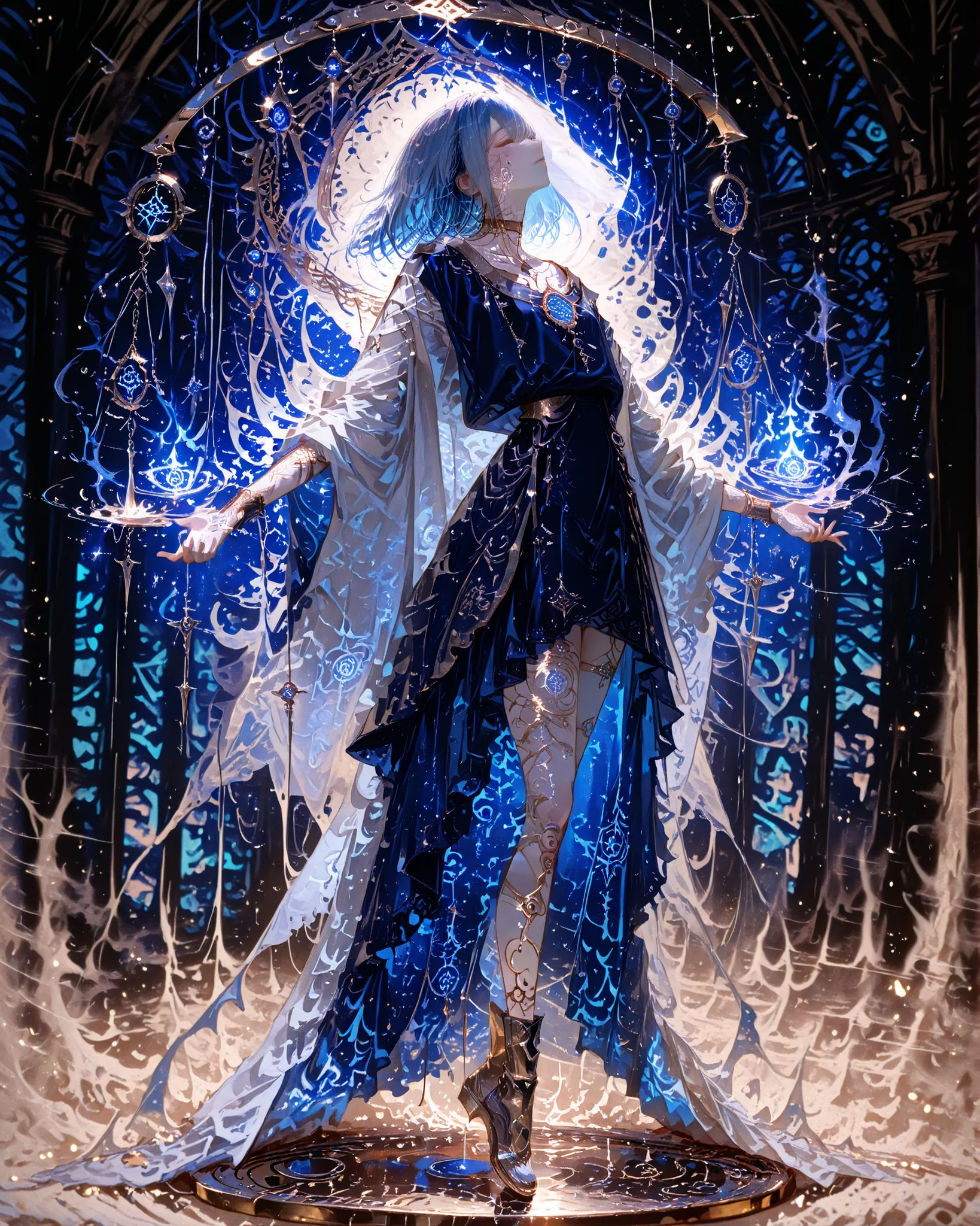 mestra, natural lighting, noite, sombras perfeitas, Ray Tracing, imagem detalhada, perfect human anatomy, be ethereal and androgynous wearing long veils in dark blue tones, fluid and translucent, layered clothes floating, pale skin like porcelain with a bl...