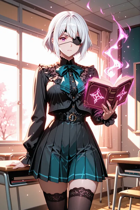 "A very beautiful Chuunibyou girl with long, silky white hair and an eye patch over her left eye stands elegantly in a classroom. She holds a book delicately, reading with dramatic poise. Her right eye glows faintly with mysterious energy, hinting at hidde...