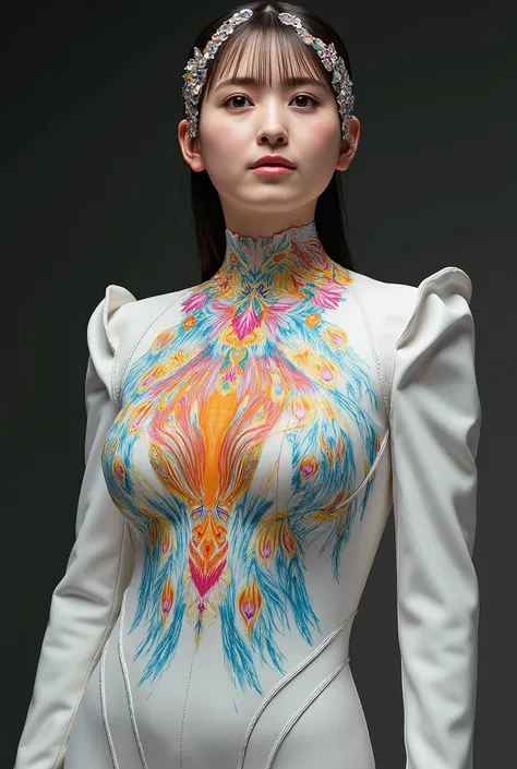 A form-fitting bodysuit with a colorful and beautiful peacock motif ., wearing a white leather bodysuit.
hybrid form that radiates from her cheeks and crown to reveal、The delicate structure of a woman's face and the vivid colors of peacocks are projected...
