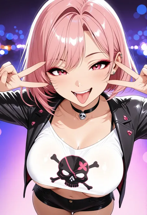 Gal, GAL, sexy, mini t shirt, skull print t-shirt, black jacket, hotpants, piercings, choker, jewelry, Underboob, big boobs, standing grinning, laughing, tongue out, gold pink mesh hair, bob hair, face close-up, from above, ｖ sign, High Quality, Detailed E...