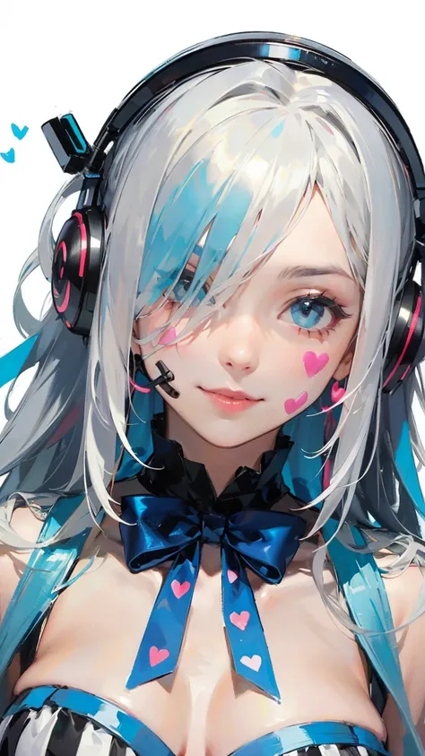 uta,1girl,solo,headphones,multicolored hair,two-tone hair,white hair,split-color hair,hair rings (one pair on top),long hair,smile,hair over one eye,looking at viewer,ribbon,(cute),(decorations on the face), (hearts on the face, bows on the face), (accessories on the face),( tape on the face), (accessories on the face and hair), barrettes,cute ribbon 