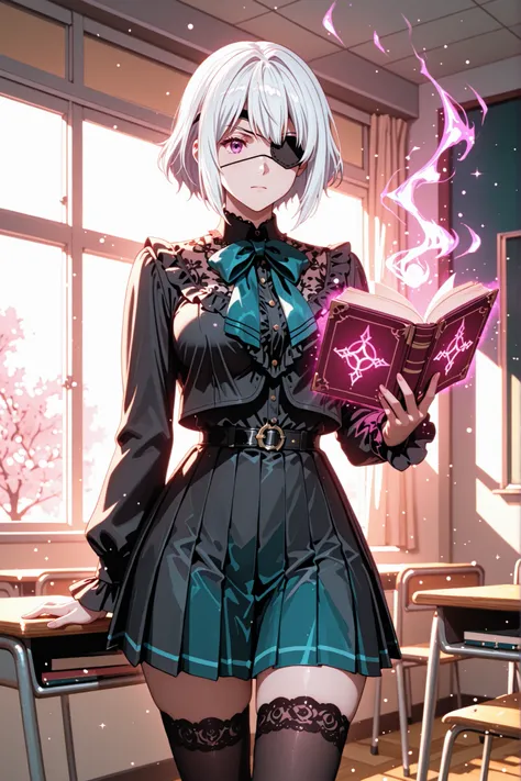 "A very beautiful Chuunibyou girl with long, silky white hair and an eye patch over her left eye stands elegantly in a classroom. She holds a book delicately, reading with dramatic poise. Her right eye glows faintly with mysterious energy, hinting at hidde...