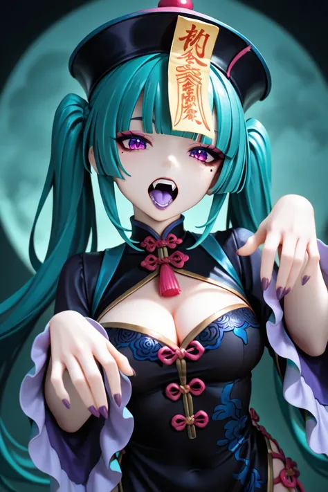 masterpiece,best quality,good quality,
1girl,breasts,solo,open mouth,ofuda,cleavage,purple nails,hat,jiangshi,twintails,looking at viewer,cleavage cutout,purple tongue,mole,purple eyes,dress,zombie pose,black headwear,mole under eye,clothing cutout,fangs,outstretched arms,chinese clothes,teeth,upper body,long hair,green hair,long sleeves,talisman,qingdai guanmao,green background,black dress,nail polish,colored tongue,fingernails,makeup,moon,purple lips,eyeshadow,blunt bangs,aqua hair,frilled sleeves,tongue,wide sleeves,medium breasts,