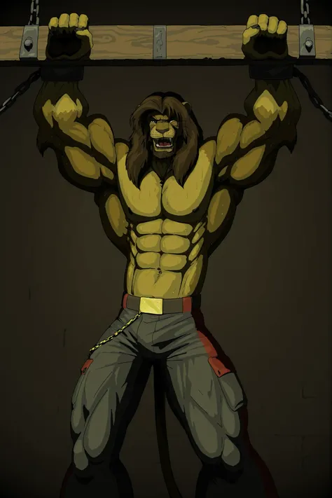 (masterpiece, ultra-detailed, cinematic lighting, 4K, sharp focus, full-body, wide shot, dramatic lighting, dark fantasy), Galen Dhaelos — a tall, heroic anthro lion warrior with a thick dark brown mane and expressive, realistic dark brown eyes — is fully ...