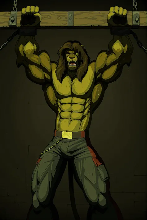 (masterpiece, ultra-detailed, cinematic lighting, 4K, sharp focus, full-body, wide shot, dramatic lighting, dark fantasy), Galen Dhaelos — a tall, heroic anthro lion warrior with a thick dark brown mane and expressive, realistic dark brown eyes — is fully ...