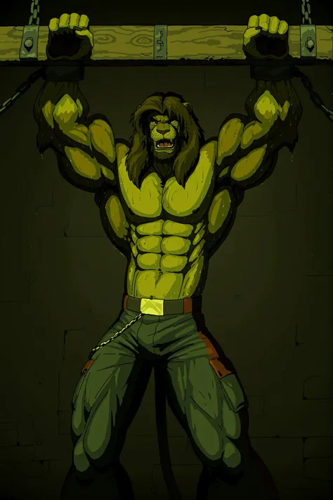 (masterpiece, ultra-detailed, cinematic lighting, 4K, sharp focus, full-body, wide shot, dramatic lighting, dark fantasy), Galen Dhaelos — a tall, heroic anthro lion warrior with a thick dark brown mane and expressive, realistic dark brown eyes — is fully ...