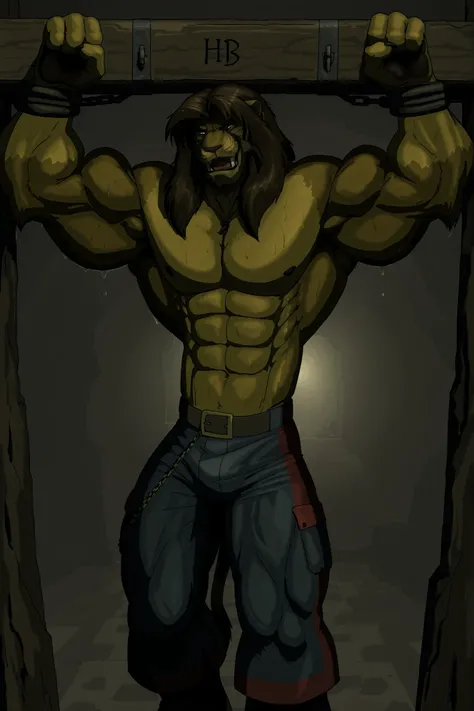 (masterpiece, ultra-detailed, cinematic lighting, 4K, sharp focus, full-body, wide shot, dramatic lighting, dark fantasy), Galen Dhaelos — a tall, heroic anthro lion warrior with a thick dark brown mane and expressive, realistic dark brown eyes — is fully ...