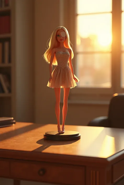 Scene:
A hyper-realistic professional figure photography scene. The setting is a warmly lit study room at sunset. Soft golden sunlight pours through a nearby window, casting gentle highlights and shadows across a tidy wooden desk.

Main Subject:
A Barbie d...