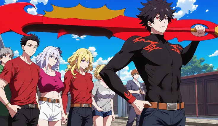 "Anime-style illustration featuring a dramatic confrontation scene on a bright sunny day with a clear blue sky. In the foreground on the right stands a tall, intimidating male character with messy black hair, glowing red eyes, and crimson markings crawling...