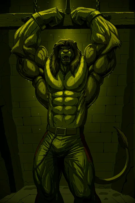 (masterpiece, ultra-detailed, cinematic lighting, 4K, sharp focus, full-body, wide shot, dramatic lighting, dark fantasy), Galen Dhaelos — a tall, heroic anthro lion warrior with a thick dark brown mane and expressive, realistic dark brown eyes — is fully ...