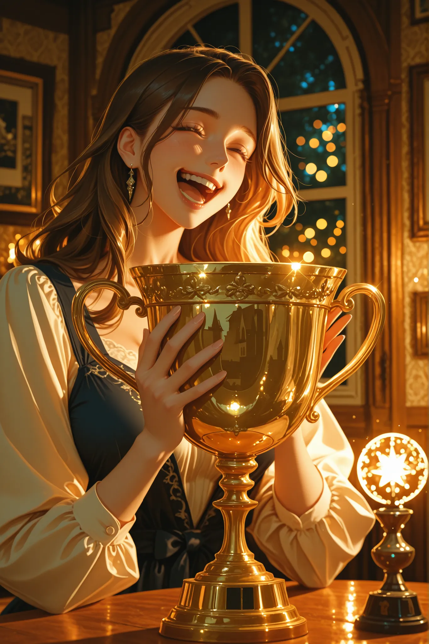 Girl give trophy to her mother, highres, detailed, professional quality, perfect, natural lighting mixed studio lighting, dynamic designed art, deep depth, bokeh, shining depth, intricate atmosphere, laughing, European family house,