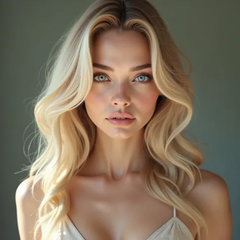Full-body 3D photorealistic portrait of a young Margot Robbie lookalike, age 18, standing naturally. Long, voluminous wavy blonde hair, expressive light blue eyes with a captivating gaze, defined cheekbones, full soft pink lips slightly parted. Flawless fa...