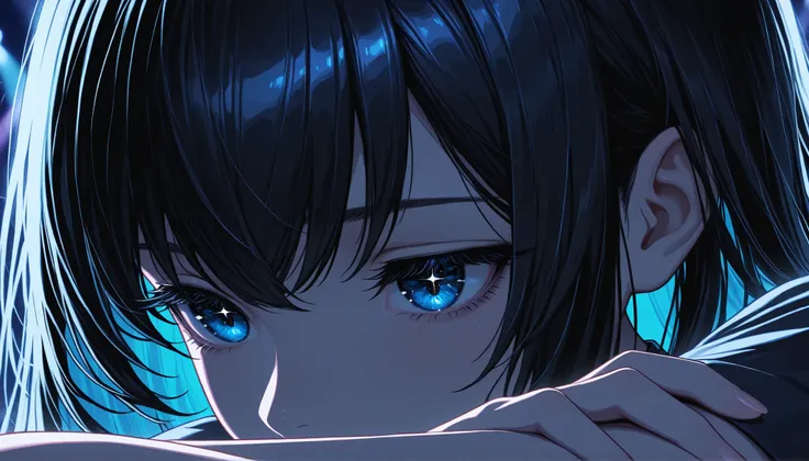 top quality, 8K, 4K, high resolution, high contrast,Japanese idol standing on an outdoor stage, short skirt, quiet night,1girl, An adult woman with a sad expression, close-up, navy straight hair, Sparkling Blue Eyes, Surrounding people are shining