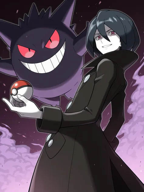 ((masterpiece, best quality, amazing quality)), absurdres, ((sugimori ken, style of pokemon, parody)),  anime coloring, 1pokemon in front and 1 male in the back, floating Gengar, pet, Fyodor Dostoyevsky, bsdfyodor, handsome, interspecies, other with male, ...