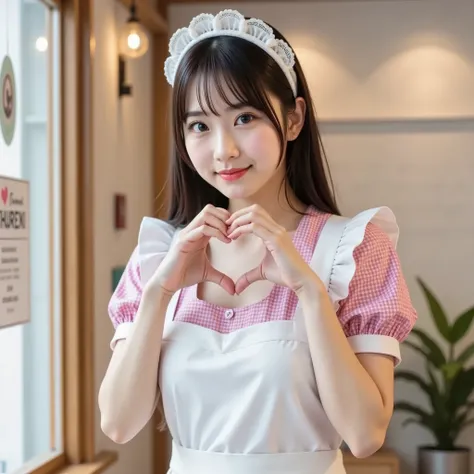 chihiro,japanese school uniform,is a very cute Japanese maid girl、works in a colorful and stylish maid cafe、wears a white lace headband,I'm wearing cute maid clothes with pink plaid and white and light blue ruffles、white apron, She entertains her with a sm...