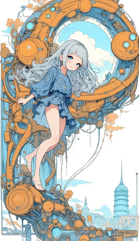 A sleeping giant partially buried in a crater, ，A flower blooming from its metal body. A similar figure sits on its hand, watching a giant flower floating in the sky.  Soft Cafe , inspired by Moebius, Poetic science fiction, Quiet emotion, Dream World