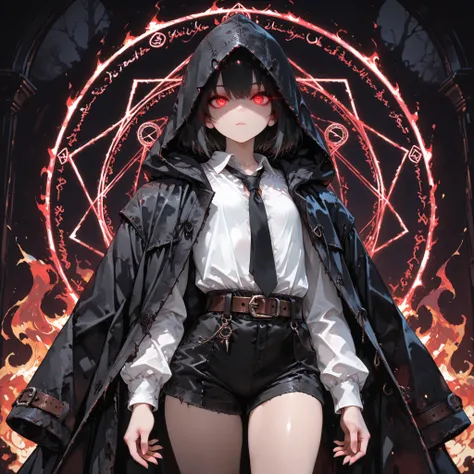 ((Best Quality)), ((masterpieces)), (detailed), perfect face, SOLO, ((((femboy)))), tomgirl, ANIME, beautiful detailed eyes, BOB hair, BOBed hair, BLACK hair, RED EYES, expressionless, hooded, Magical Eyes, dark background, ((BLACK HOODED coat draped over ...