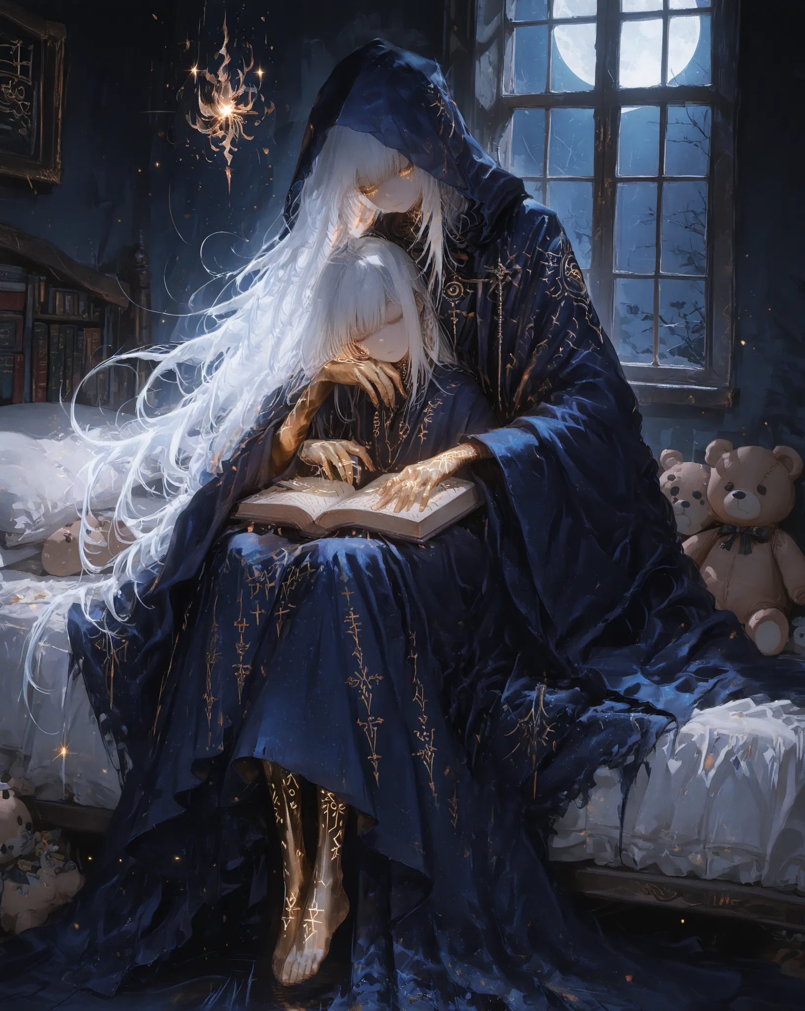 ethereal fantasy entity in dark navy blue robes, white hair, adorned with glowing golden tattoos and ornaments, long flowing cloak, semi-transparent and floating slightly above the ground, gently watching over a small sleeping boy in a bed filled with book...