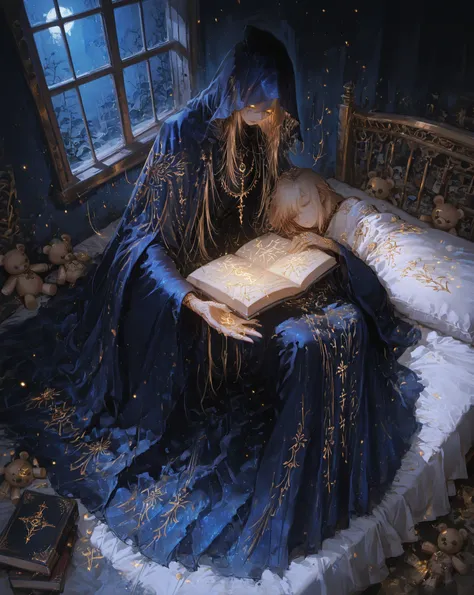 ethereal fantasy entity in dark navy blue robes, adorned with glowing golden tattoos and ornaments, long flowing cloak, semi-transparent and floating slightly above the ground, gently watching over a small sleeping boy in a bed filled with books, runes and...