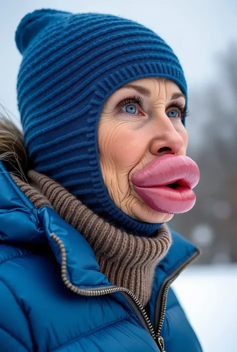 Side view of a 50 year old English posh woman with old skin on a ski piste, Wearing a blue ribbed thick wool balaclava, Wearing a thick Moncler shiny blue shiny puffer jacket with a ribbed wool slouchy taupe turtleneck sweater underneath, botox face, face ...