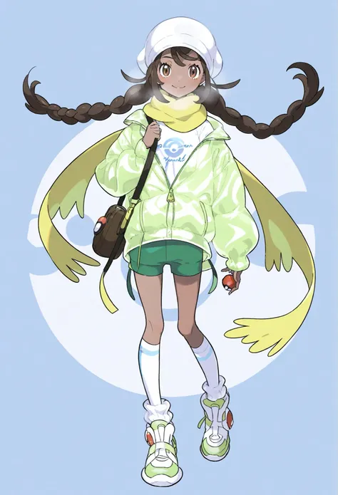 1 young girl ,brown double twist braid,character nearby, Pokémon style,white skin,cute,pure white t-shirt,light dark green plush open windbreaker,Full Body,Pure white knee-length socks,winter,Hold the golden scarf with one hand,cap,sneakers,solid color ba...