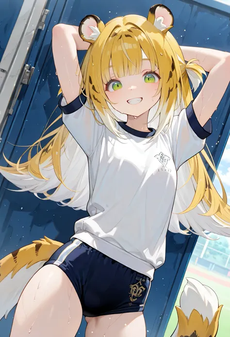 masterpiece,perfect anatomy,high resolution, ultra-detailed,beautiful detailed eyes,dutch angle,absurdres,JuFufu,1girl, green eyes, tiger tail, tiger ears, blonde hair, bangs, long hair, multicolored hair,(white gym shirt, short sleeve,gym uniform,dark blu...