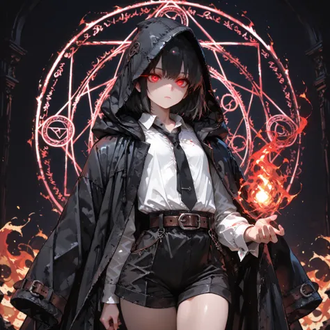 ((Best Quality)), ((masterpieces)), (detailed), perfect face, SOLO, ((((femboy)))), tomgirl, ANIME, beautiful detailed eyes, BOB hair, BOBed hair, BLACK hair, RED EYES, expressionless, hooded, Magical Eyes, dark background, ((BLACK HOODED coat draped over ...