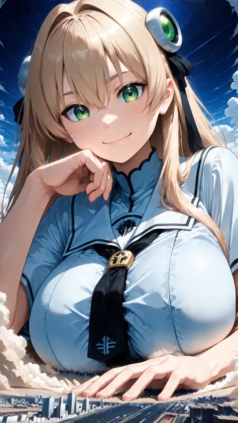 ((face lying on the ground super close hand closest big boobs close)), 1girl, solo, (very super big boobs, A woman's moisturized body, beautiful skin, Rin々Shikumo has a cute smile, Smile), (((super yotta over size giantess:1.4))), ((An extremely detailed u...
