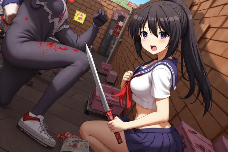 (Chuunibyou), young woman Chuunibyou (cute, asian, aged 13, damaged sailor scout uniform, some bloody wounds, hair in ponytail, magic necklace, katana), she is enraged, she is battling alien mutant monsters with the faces of students on the back of their h...