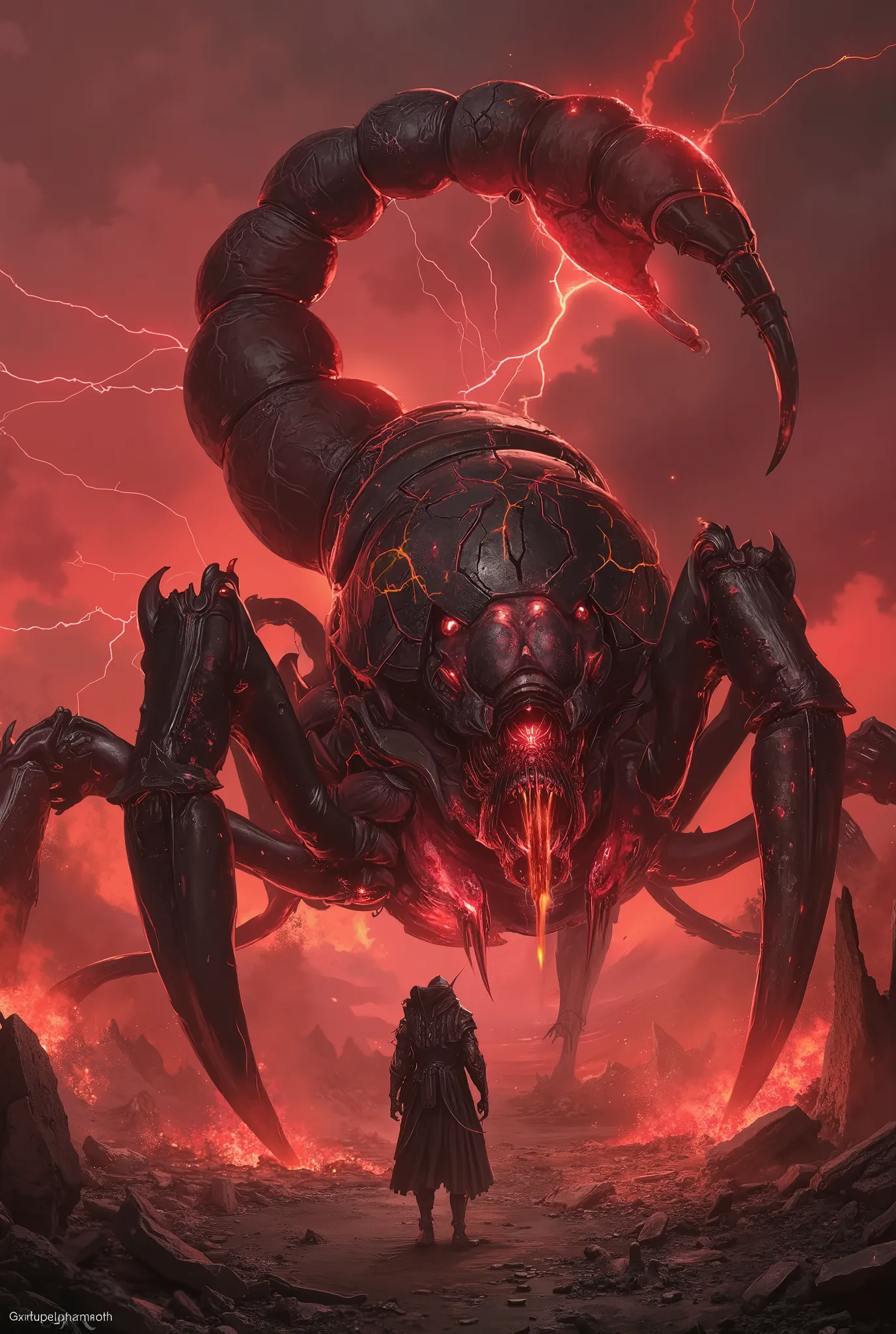A scorpion-type powered exo-suit warrior clad in obsidian armor, with glowing magma-like cracks and massive pincer arms, a segmented tail with a venomous mechanical stinger arched over his back — standing in the ruins of a scorched battlefield, under a sto...