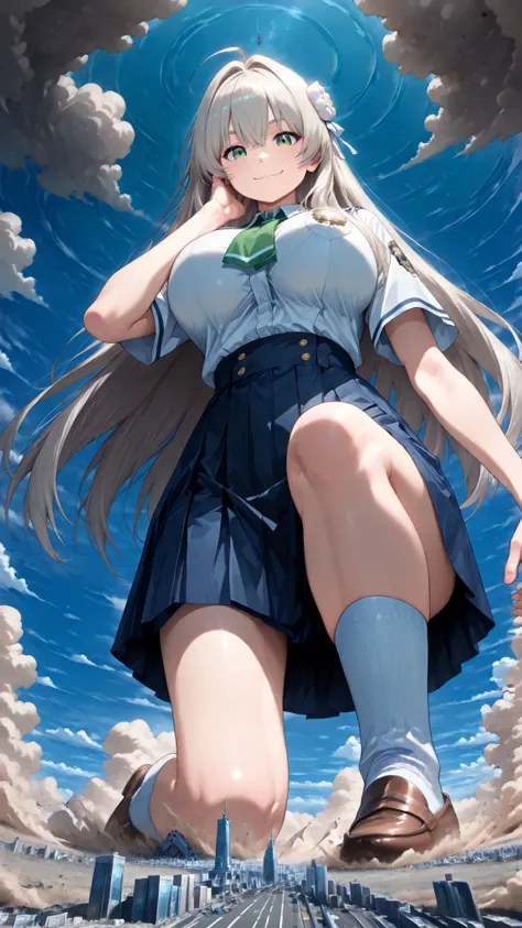 ((face lying on the ground super close hand closest big boobs close)), 1girl, solo, (very super big boobs, A woman's moisturized body, beautiful skin, Rin々Shikumo has a cute smile, Smile), (((super yotta over size giantess:1.4))), ((An extremely detailed u...