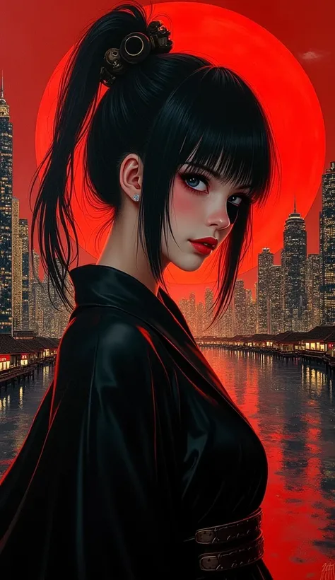 Best quality, 8k, masterpiece: 1,2), Acrylic painting in impressionist art style of an amazing Yakuza girl with eye patch, Chuunibyou (Red Warrior) - Print Tableau Rigide Pista Cyberpunk - Magic in the old Japanese city with a truly artistic background in black tones and a red canvas featuring an enormous old Japanese city with finely accentuated golden lines that make it stand out in the night city, high resolution, 8k ((red vector sky)), artistic masterpiece, extremely dark night scene, a faint red light emanates from the old Japanese city in the background, realistic and very detailed
