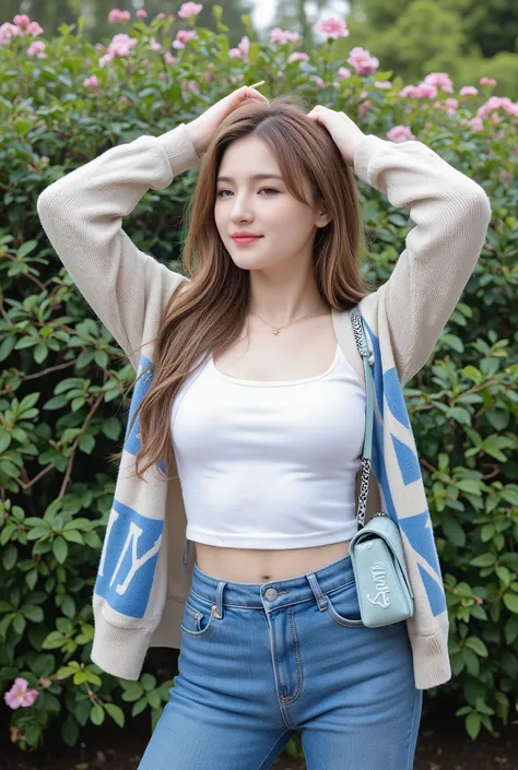 (((Masterpiece, ultra detailed, ultra quality, 8K, Photo-realistic))), A stylish young woman poses confidently outdoors in a park. She has long, wavy light brown hair with soft bangs, ((wearing a white crop tank top that shows off her slim waist)). Over it...