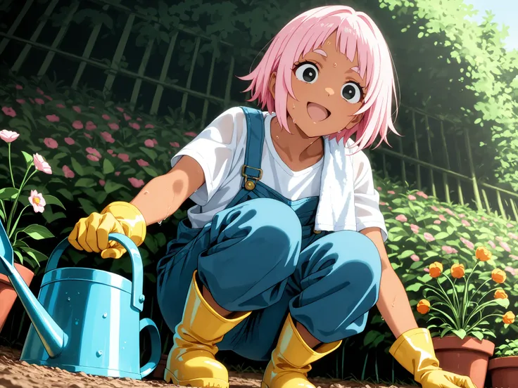 1 girl,solo,beautiful japanese,girl,black eyes,tanned skin,pink hair,short hair,masterpiece,general,highres, ultra-detailed,very aesthetic,best quality ,best hands,best eyes,perfect anatomy,anime coloring,newest,easynegative,BREAK,overalls, white T-shirt, ...